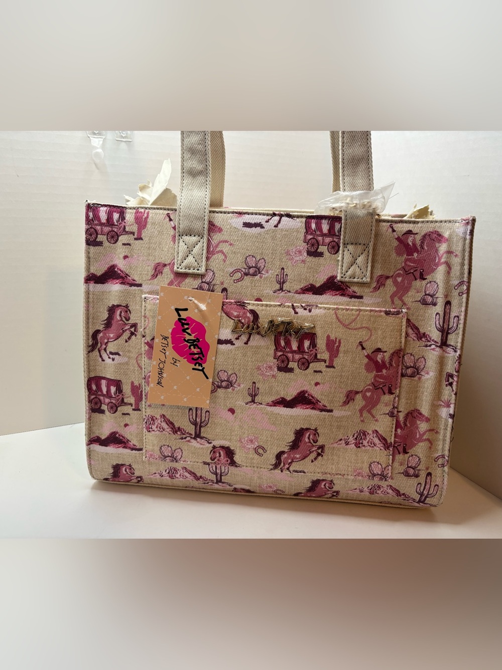 Betsey Johnson Pink Western Cowboy Horse Print Tote Bag